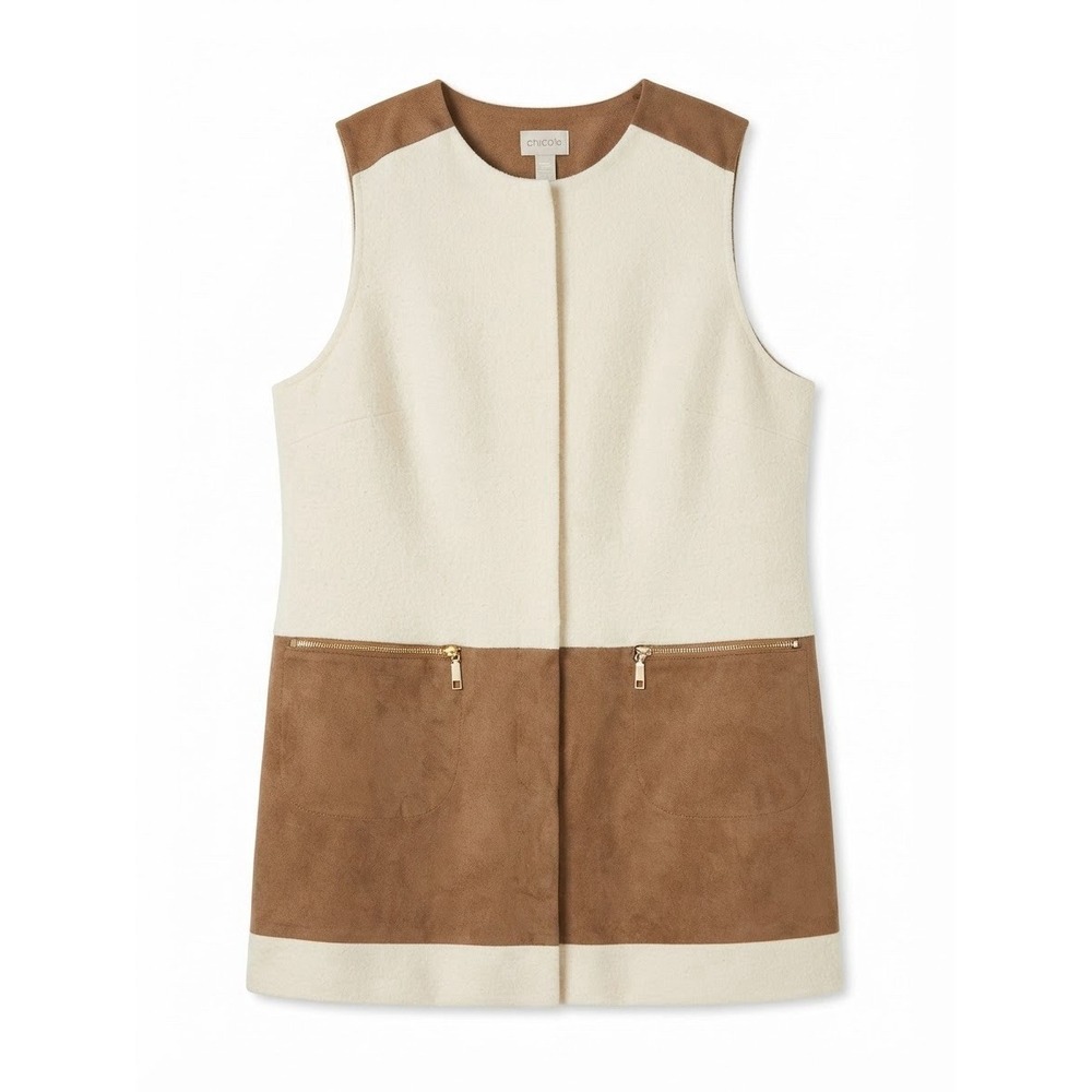 Chicos Wool Dresssy Cardigan Vest Large Classy Old Money Gold Nuetral